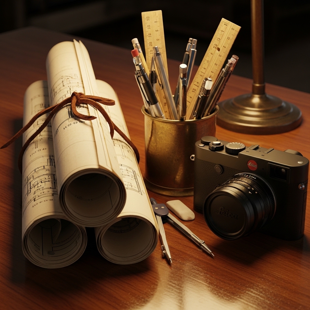 Blueprints, Leica camera and compass