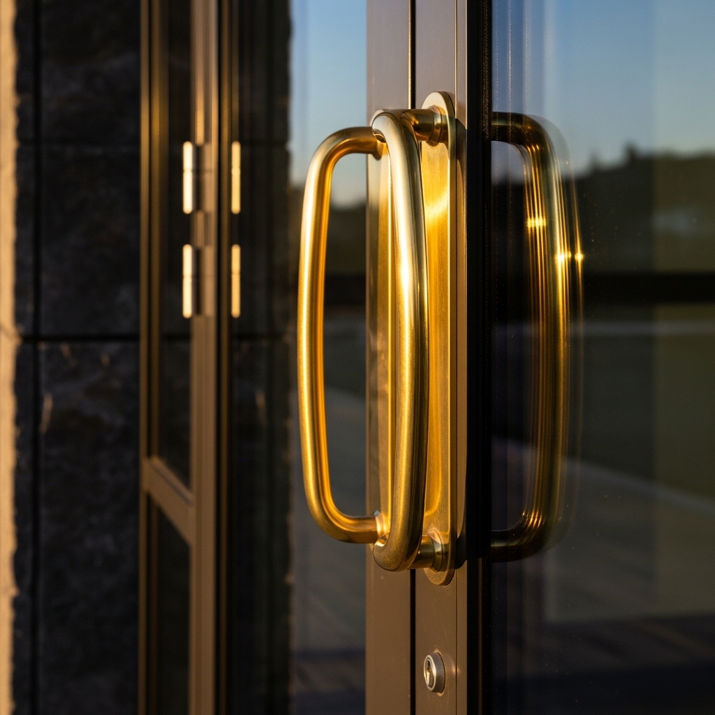 Gold door handles on commercial entrance