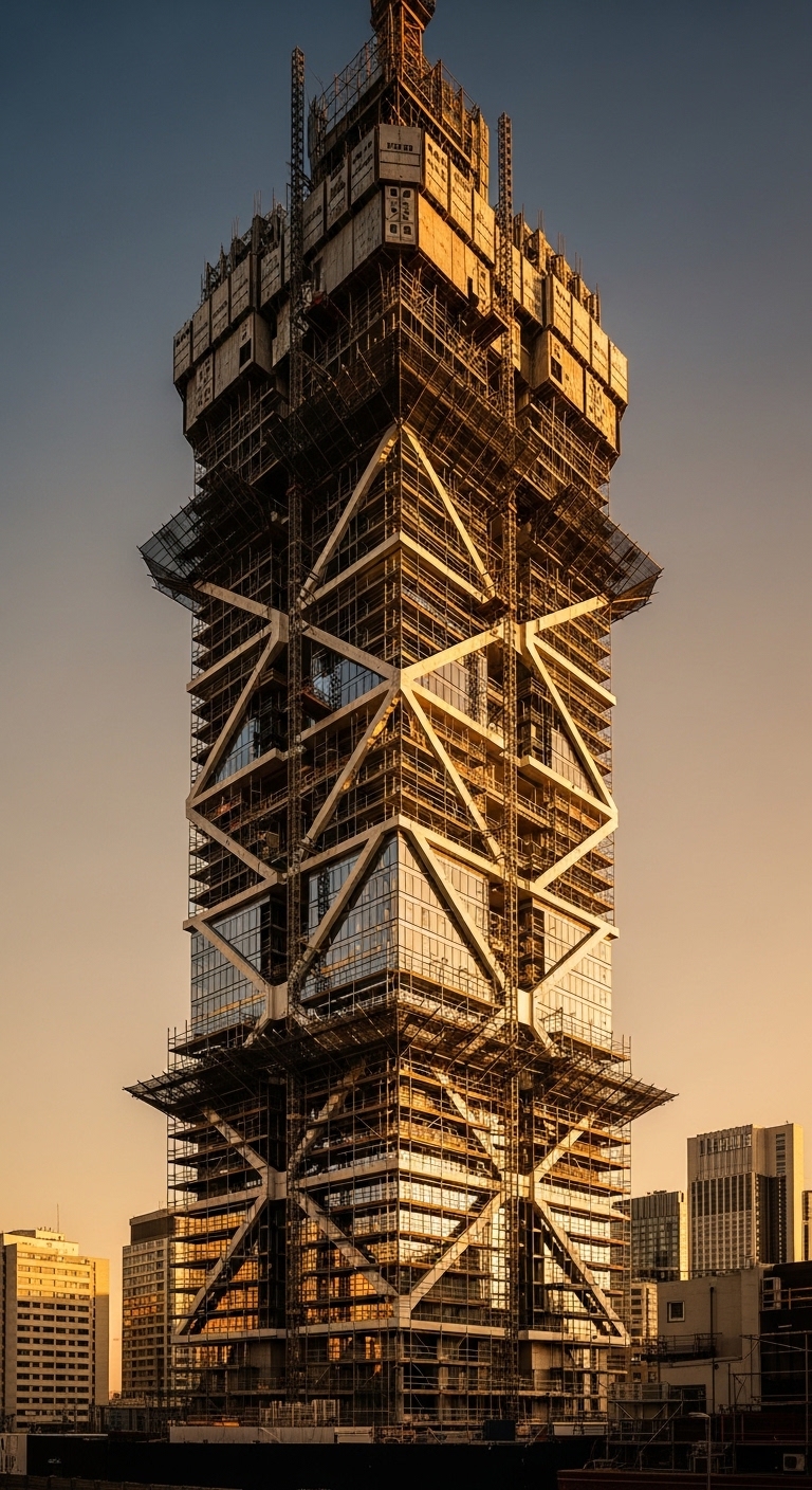 Tower under construction at golden hour
