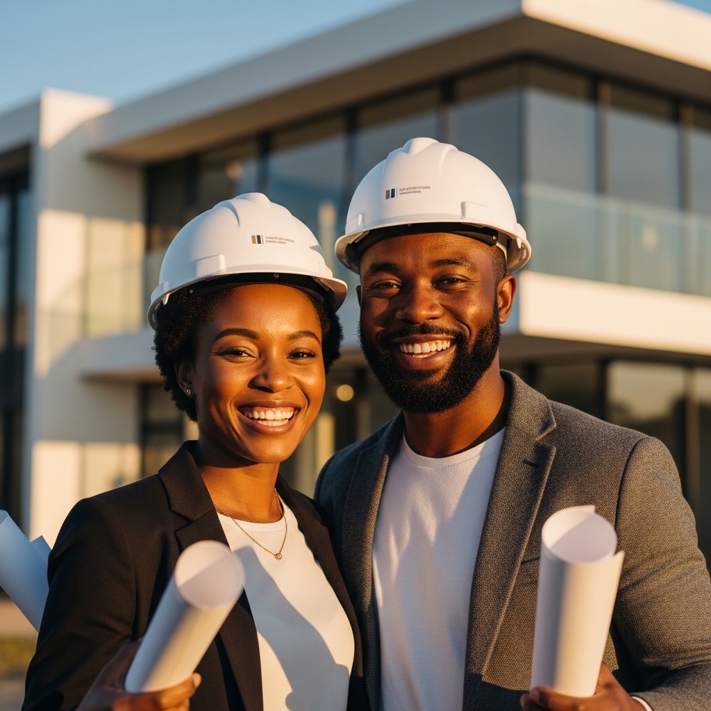 Architects with hardhats at completed building